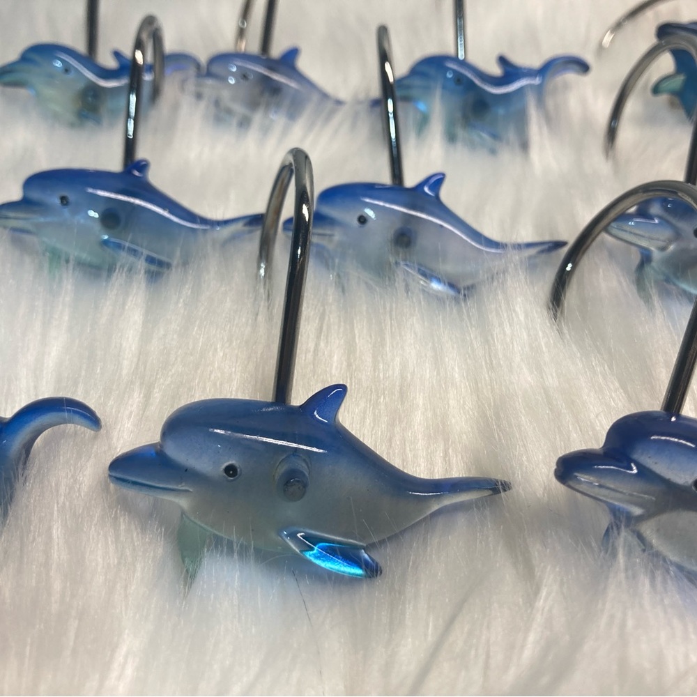 Vintage Clear Blue Dolphin Shower Curtain Hooks